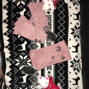 Victoria’s Secret pink bejeweled mittens and head